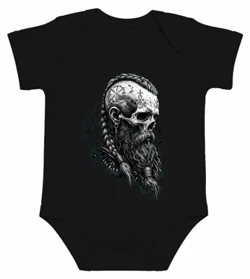 Imagen del producto de Body para bebé, color , talla 6/12 meses. Diseño: Cráneo vikingo, barba, runas, guerrero nórdico, Valhalla, Escandinavia