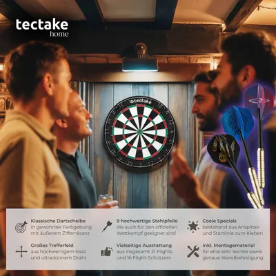 Produktbild von tectake® Dartscheibe Bully aus robustem Sisal mit ultradünnem Draht Zubehör aus Anspitzer, 16 Flight-Schützern und Startlinie