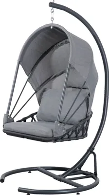 A gray hanging moon chair with a canopy and cushion, displayed on a white background.