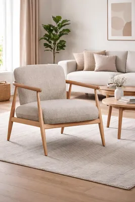 Produktbild von Stilvoller Beiger Sessel Moderner Wohnzimmer Polstersessel Holzgestell