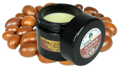 Produktbild von Sheabutter 100 ml im Glastiegel unraffiniert kaltgepresst naturreine Kosmetik Körperbutter feuchtigkeitsspendend parfümfrei alle Hauttypen