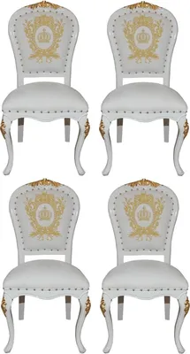 Produktbild von Pompöös by Casa Padrino Luxus Barock Esszimmerstühle mit Krone Weiß / Gold - Pompööse Barock Stühle designed by Harald Glööckler - 4 Esszimmerstühle - Barock Esszimmermöbel