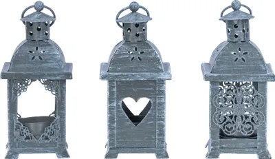 Produktbild von 3er Set Laternen H14cm Grau Metall Shabby Chic Teelichthalter Tischdeko Outdoor