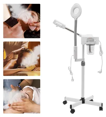 Produktbild von Gesichtsdampfer 2-in-1 - Professioneller Gesichtssauna-Dampfer - Nanovernebelung - 360° verstellbarer Dampf - Lampe - 4 Rollen - Elektrisch - Heim-Spa - Elfenbein