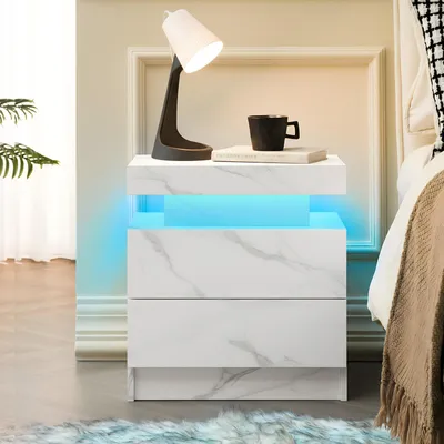 Produktbild von Ropilly LED-Nachttisch mit zwei Schubladen, 50 x 53 x 36 cm, weißer Beistelltisch mit einstellbarer LED-Beleuchtung fürs Schlafzimmer
