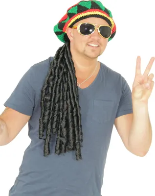 Produktbild von schwarze Rasta Perücke mit bunter Häkelmütze