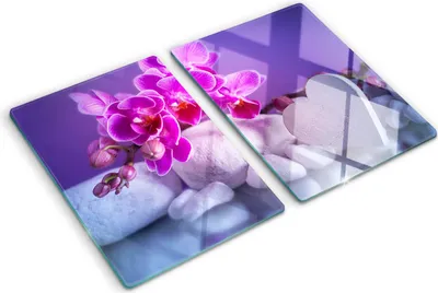 Produktbild von Tulup Glas Herdabdeckplatte - 2x40x52 cm - Glaskeramikkochfeld-Abdeckung Spritzschutz Glasabdeckplatte Kochplattenabdeckung und Schneidebrett - Zweiteilig - Blumen & Pflanzen - Orchidee und Herz - Rosa