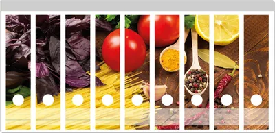 Produktbild von Wallario Ordnerrücken Sticker, selbstklebend für breite Ordner, 9 Stück, Motiv Italienisches Menü mit Spaghetti, Tomaten, Basilikum und Gewürzen