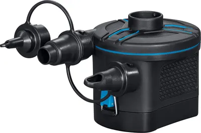 A black electric pump with blue accents is shown against a white background.
