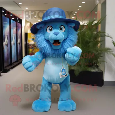 Produktbild von Blauer REDBROKOLY Maskottchen Kostüm charakter Löwe-Bändiger bekleidet mit einem Etuikleid und Hüten