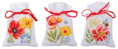 Produktbild von Vervaco Kräutertütchen Kreuzstich Stickpackung "Mohnblumen und Wildblumen" 3er Set, Zählmuster, 8x12cm