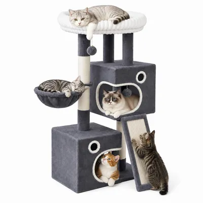 Produktbild von Fobyfurny Kratzbaum, 98 cm Kleiner Katzenbaum, Geräumiges und Stabile, mit Weiche Große Plattform, Plüschbälle, Höhlen, Kratzsäulen, Katzenkratzbrett