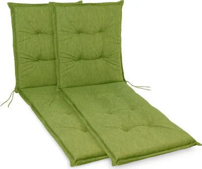 Two green chaise lounge cushions are laid out side-by-side on a white background.