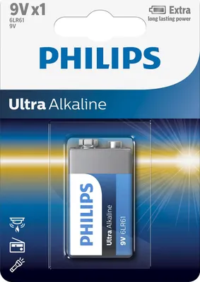 Image de Philips Pile ultra alcaline 6LR61E1B/10, pile jetable, alcaline, 9 V, 26,5 mm, 17,5 mm, 48,5 mm