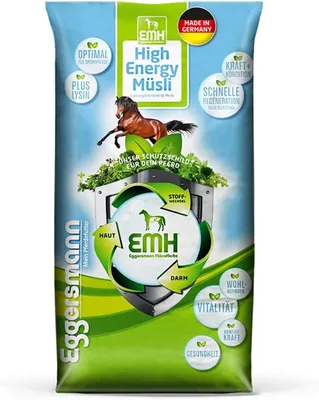 A bag of horse feed with a horse graphic and various health benefits listed.