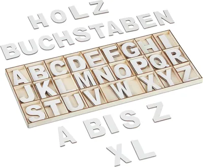 Produktbild von Relaxdays Holzbuchstaben Set, 104-teilig, Großbuchstaben A-Z, 5 cm hoch, XL Buchstaben zum Basteln, Deko Alphabet, weiß