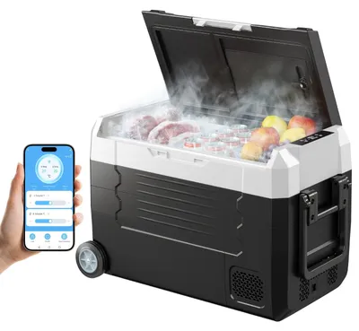 Productafbeelding van Compressorkoelkast - Autokoelkast 35 liter - Spanning 12/24 V & 230 V - Twee zones - Temperatuur -20 tot 20 °C - Bediening via app - Met wielen