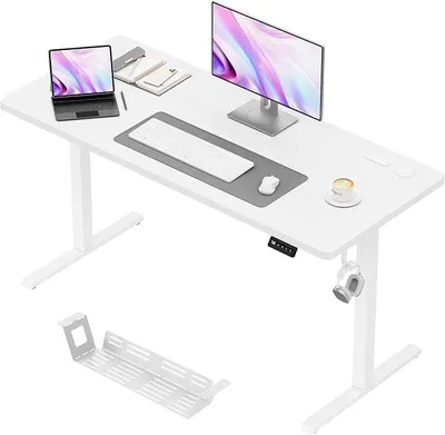 Imagen del producto de Escritorio eléctrico con ajuste de altura, 140 x 60 cm. Escritorio con ajuste de altura y 2 funciones de memoria. Escritorio de pie y sentado para oficina. Mesa de ordenador con caja para gestión de cables, color blanco