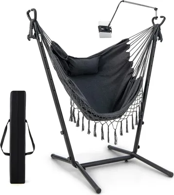 Produktbild von GOPLUS Hängesessel mit Gestell, höhenverstellbarer Hängestuhl mit Kopfstütze & Seitentasche & Handyhalter, Tragkraft 250 kg für Wohnzimmer und Garten