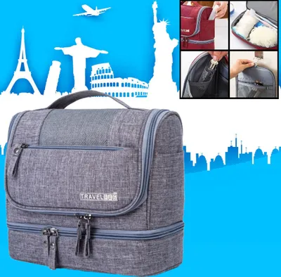 Produktbild von Aufhängbarer Kulturbeutel mit Haken - Wasserdichter Reise Kulturbeutel - Reisetasche Organizer für Urlaub / Camping & Reisen - Farbe GRAU - Decopatent