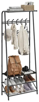 Produktbild von Flurgarderobe - Garderobenständer mit Schuhbank - 4-in-1 Garderobe - 3-stufiges Regal - 10 Haken - Metallgestell - Schwarz
