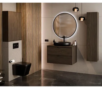 Produktbild von Badmöbel-Set 5-teilig mit LED-Spiegel & 80 cm Waschtisch mit Aufsatzbecken in Walnuss - TEMUCO-56-WALNUT