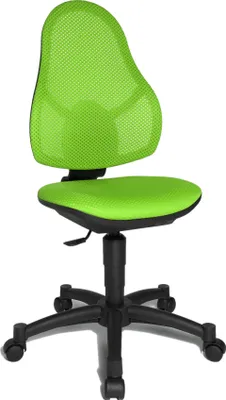 A bright green and black children's desk chair is shown against a white background.