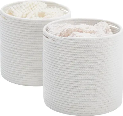 Produktbild von Geflochtenes Set aus 2 Baumwollkörben zur Spielzeugaufbewahrung im Kinderzimmer, Wohnzimmer oder Schlafzimmer - 28 (D) x 28 (H) cm weiß