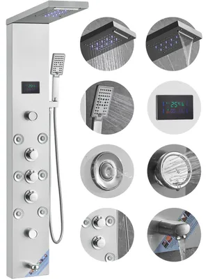 Image de Système de panneaux de douche VEVOR, 6 modes de douche, LED et écran Tour de douche hydroélectrique, cascade, chute d'eau, 8 buses de massage, bec de baignoire, douchette, kit de douche mural en acier inoxydable