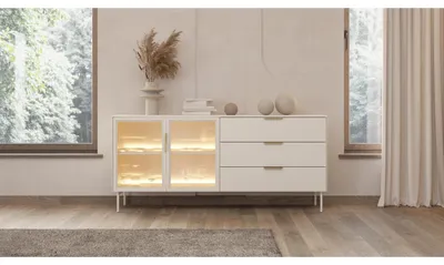 Produktbild von 180 cm breite Kommode mit 2 Glastüren und 3 Schubladen LUMIN, moderne Kommode mit LED-Beleuchtung, Farbe: Kaschmir