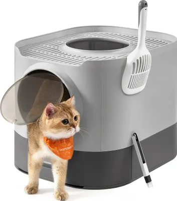 Produktbild von Feandrea Katzenklo, Katzentoilette XXL, mit Deckel, ausziehbares Tablett, für große Katzen Taubengrau