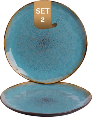 Produktbild von 2 x palmer Lotus Teller flach, Steingut, Ø  27,5 cm, spülmaschinenfest, für ein 2 Personen Gedeck, außen dunkelbraun matt, innen türkis glänzend, Farbverlauf.