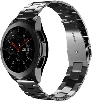 A black metal watch band attached to a black smartwatch.
