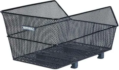 A black metal bicycle basket is shown against a white background.