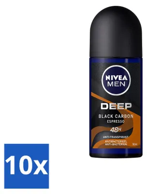 Productafbeelding van 10 x NIVEA MEN Deodorant Roller Deep Black Carbon Espresso - 50 ml - Voordeelverpakking - 10 stuks
