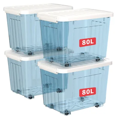 Image de Boîtes de rangement Cetomo, capacité de 80 litres, lot de 4. Boîtes en plastique renforcées avec des rainures, équipées de roulettes