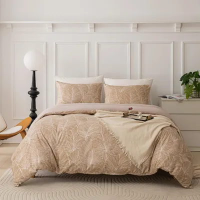 Zdjęcie produktu dla Komplet pościeli 155x220 cm, 3-częściowy, mikrofibra, kolor beżowy, wzór liści