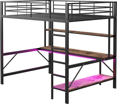 Produktbild von Sweiko Hochbett 140x200 cm, mit usb und Steckdose, ferngesteuertes Ambientelicht, Schreibtisch,  ohne Matratze, Metall, Schwarz