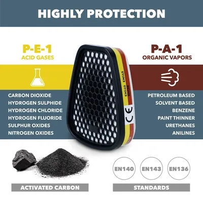 Image de Filtres à charbon actif D-A/E-1, lot de 2, pour masques entiers et demi-masques, contre les vapeurs organiques et les gaz acides
