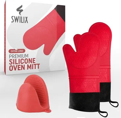 Obrázek produktu pro Uniqoos® SWILIX® Silikonové obchytky do trouby, sada 2 kusů – extra dlouhé, 37×18×3 cm, odolné vůči teplu až do 230 °C, bavlněná podšívka, protiskluzové, červené