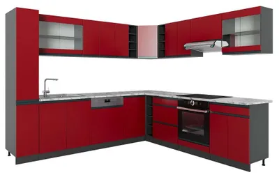 Image de Cuisine en angle Vicco R-Line Rouge/Anthracite 277 x 257 cm J-Shape, PT Marbre, Model 43115