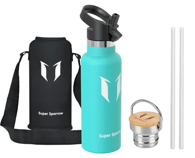 Produktbild von Super Sparrow Trinkflasche Kinder Edelstahl - 500ml - Auslaufsicher Thermoskanne, BPA-Frei Wasserflasche - Thermosflasche Kinder für Sprudel, Sport, Schule, Fitness - Mit 2 Deckeln