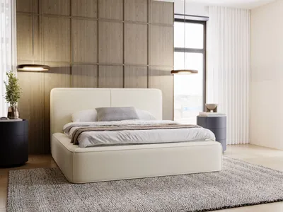 A modern bedroom with a beige upholstered bed, nightstands, and a large window.