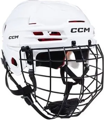 A white CCM hockey helmet with a black cage.