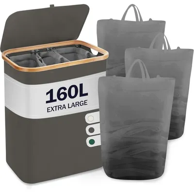 Produktbild von Wäschekorb mit Deckel 3 Fächer 160L faltbar Bambus Dunkelgrau 57x37x74cm