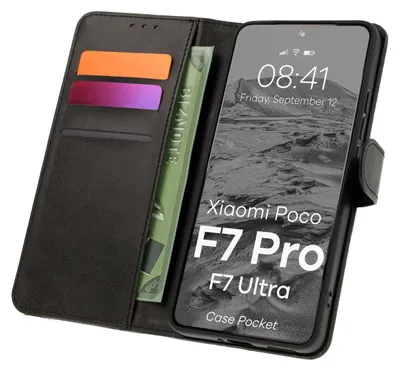 A black flip-style phone case with card slots and a phone inside, displaying the phone's lock screen.