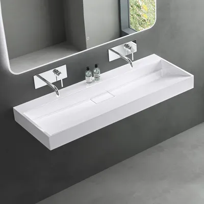 Produktbild von Mai & Mai Waschbecken Aufsatzwaschbecken matt Weiß Hänge-Waschtisch Rechteckig ohne Armaturenloch Breite: 120cm inkl. Ablaufgarnitur Col19