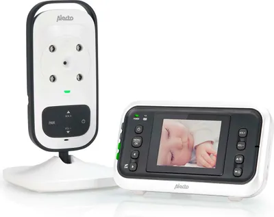 A baby monitor set, including a camera unit and a parent unit with a screen displaying a baby.