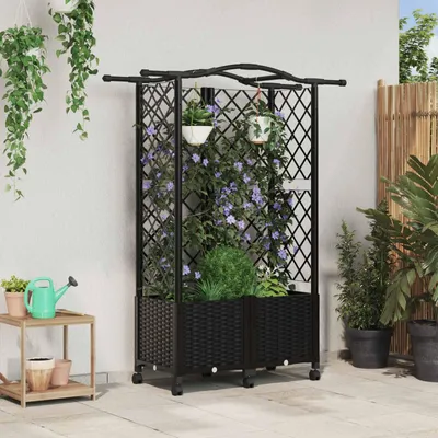 Zdjęcie produktu dla Maison Exclusive - Podwyższona grządka z kratką do pnączy i daszkiem, czarna, 122 x 40 x 144 cm, wykonana z polipropylenu (PP)