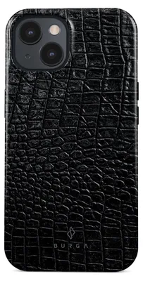 A close-up view of a black crocodile-textured iPhone case.